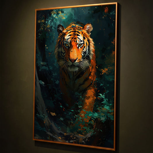 Tiger Hunting Scene Canvas shown in antique gold floating frame