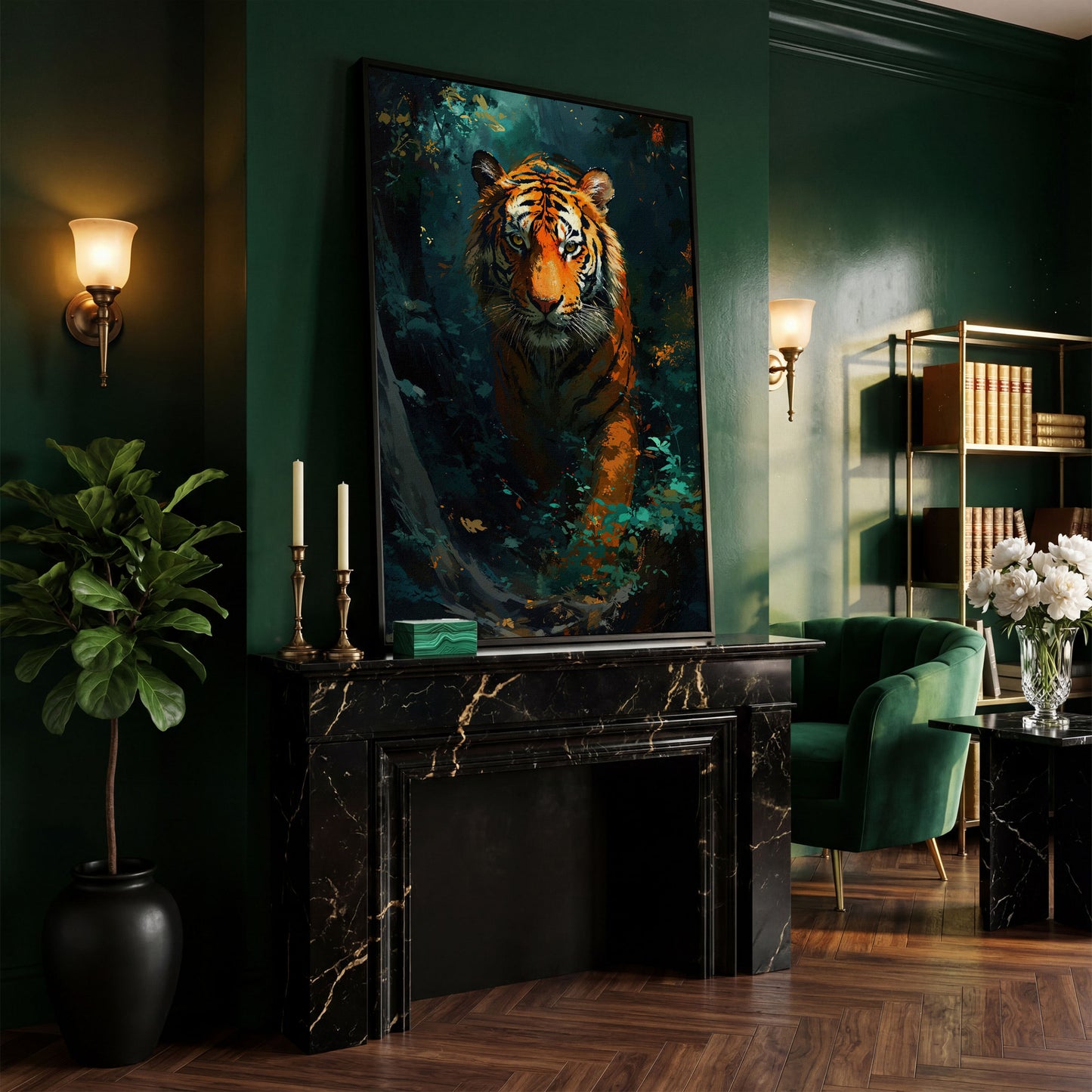 Tiger Hunting Scene Canvas in black floating frame