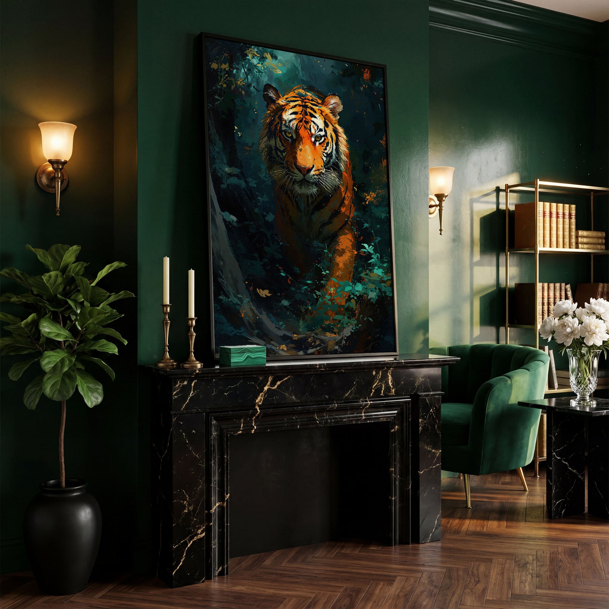 Tiger Hunting Scene Canvas in black floating frame