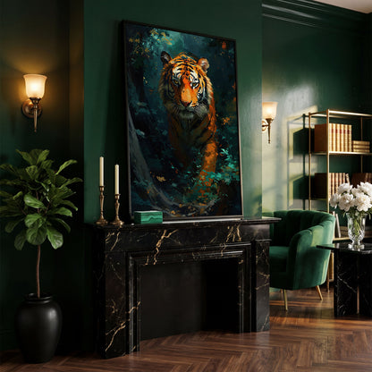 Tiger Hunting Scene Canvas in black floating frame