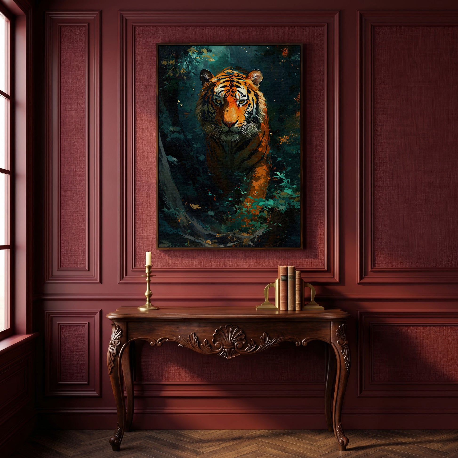 Tiger Hunting Scene Canvas in dark walnut floating frame