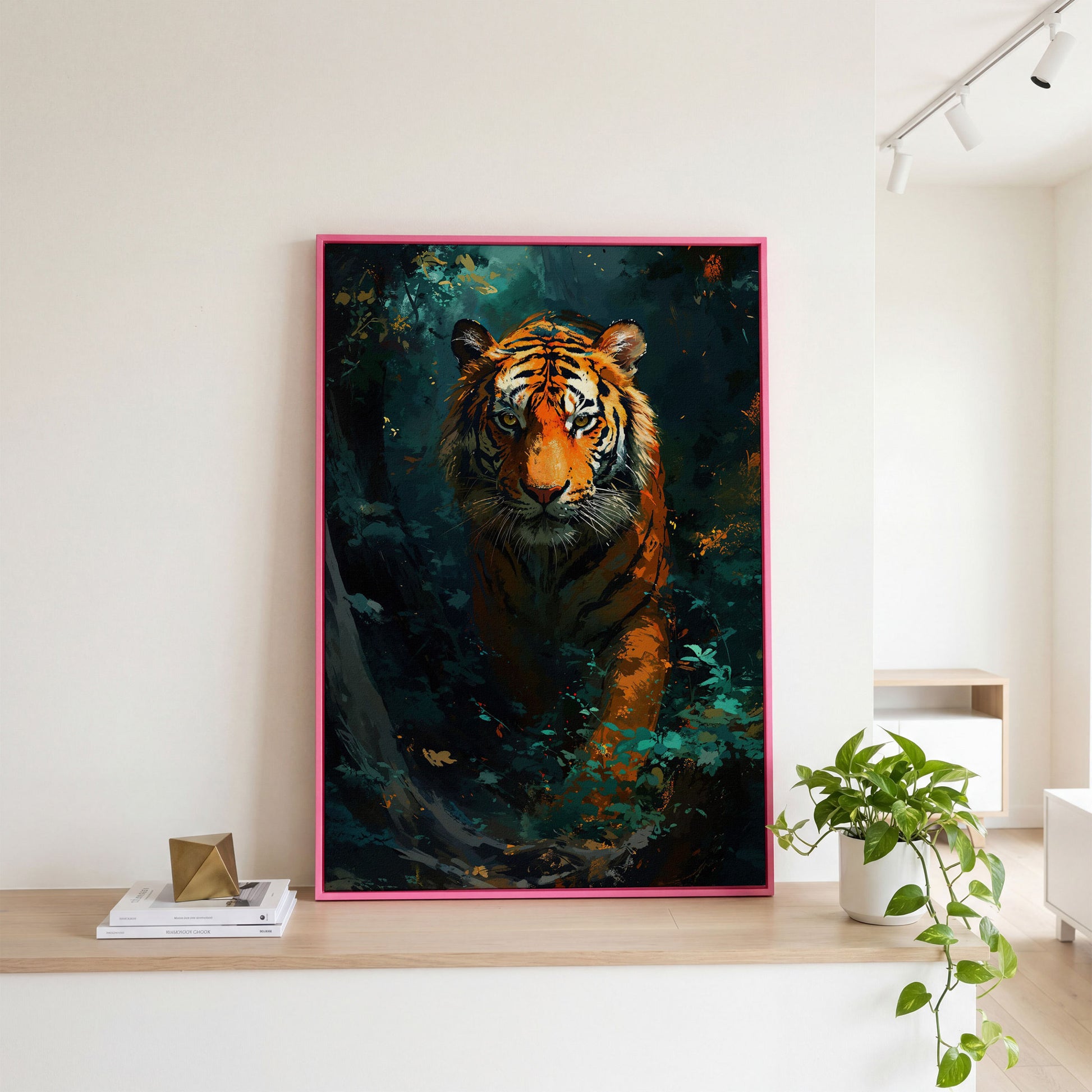 Tiger Hunting Scene Canvas in pink floating frame