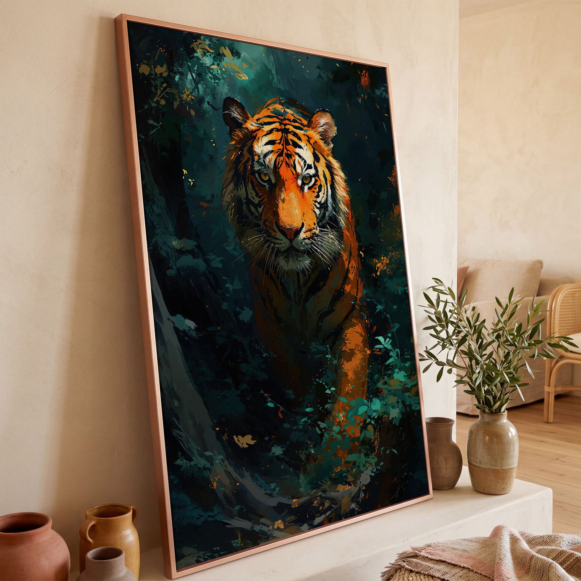 Tiger Hunting Scene Canvas in rose gold floating frame