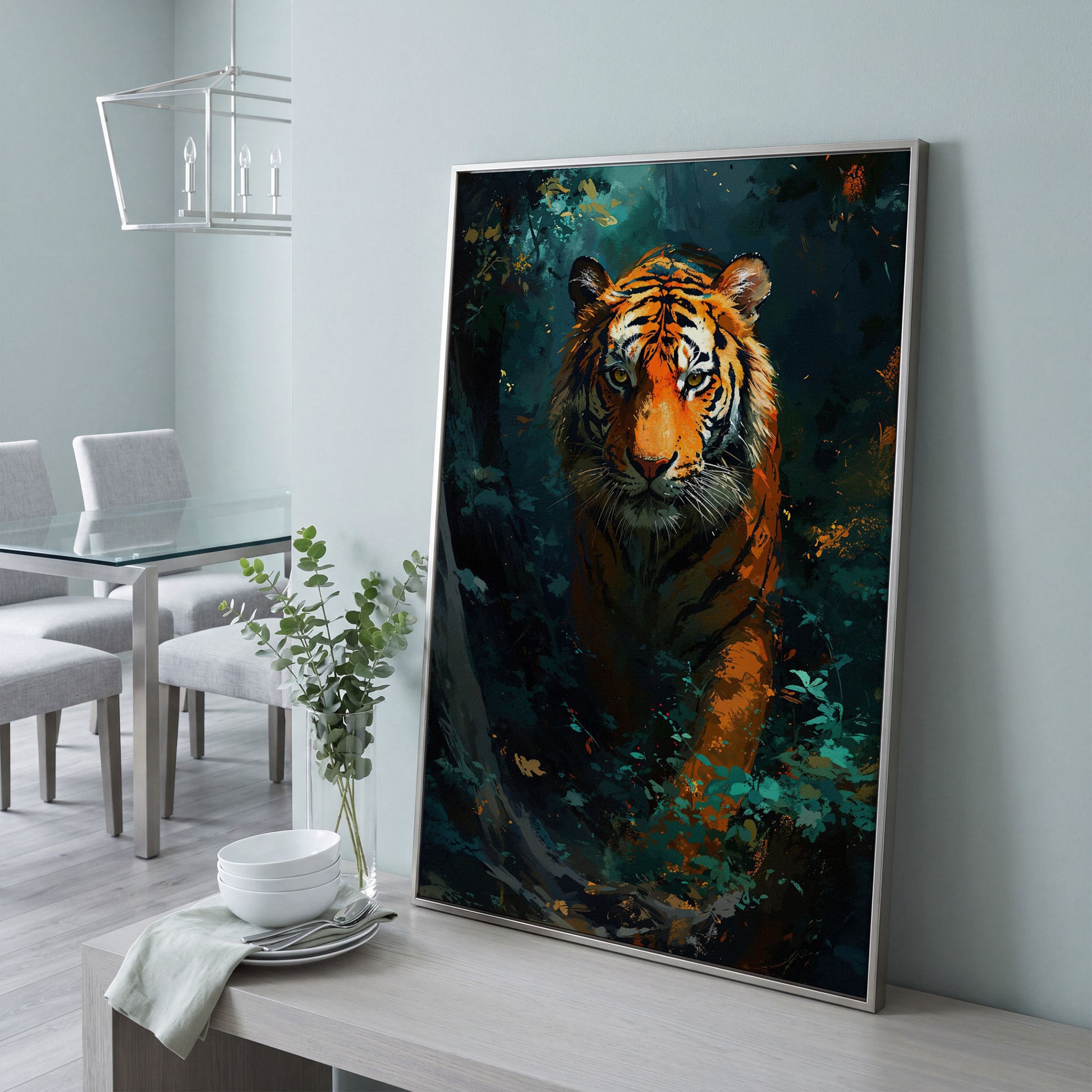 Tiger Hunting Scene Canvas in silver floating frame