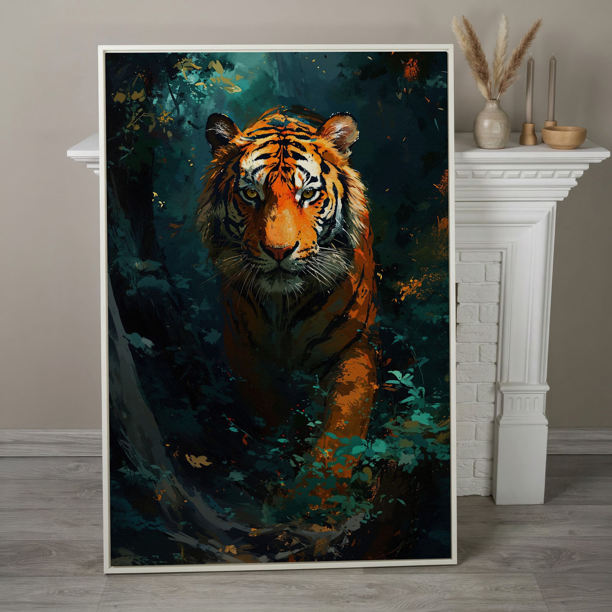 Tiger Hunting Scene Canvas in white floating frame