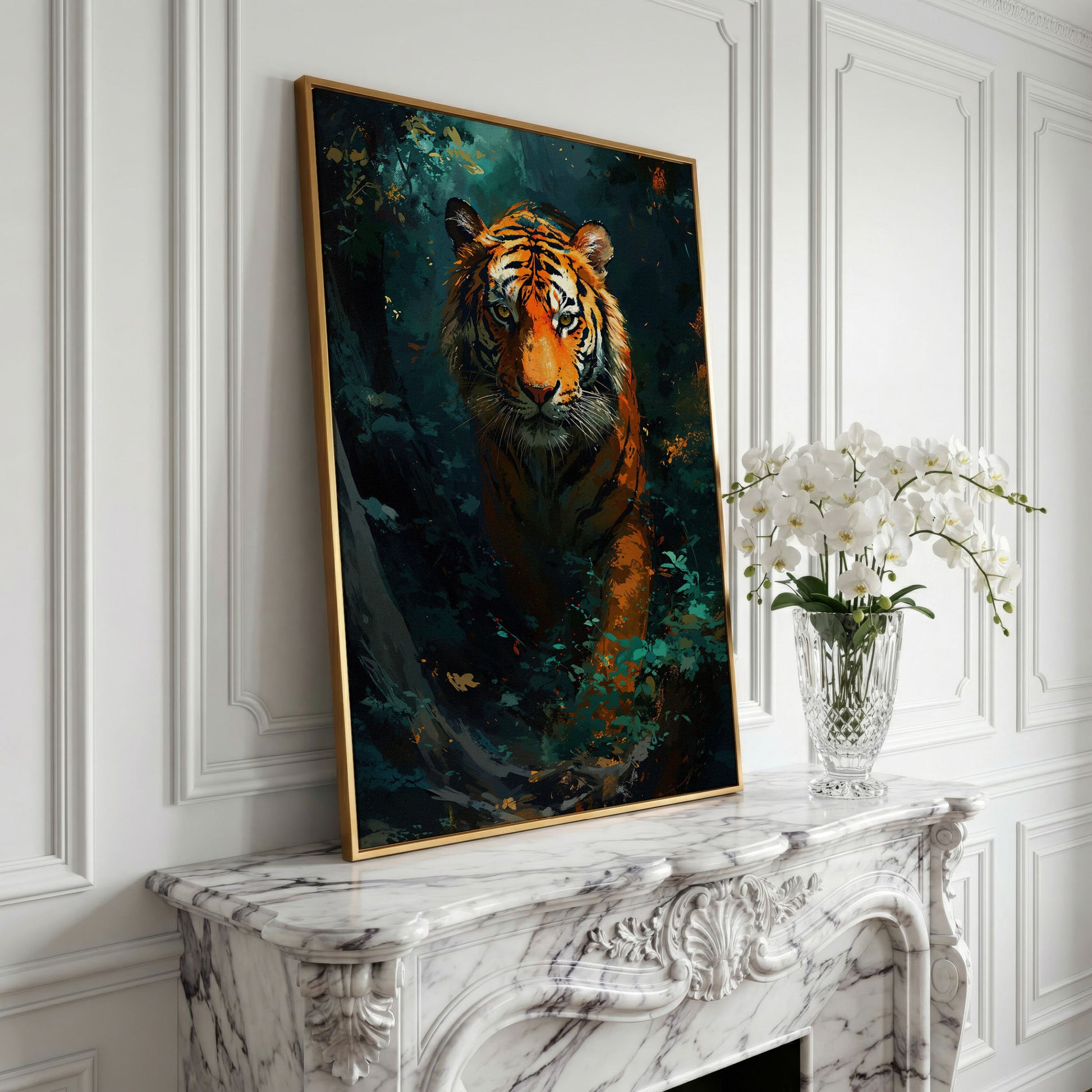 Tiger Hunting Scene Canvas in yellow gold floating frame