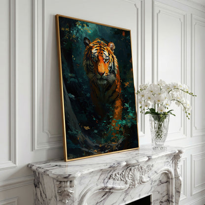 Tiger Hunting Scene Canvas in yellow gold floating frame