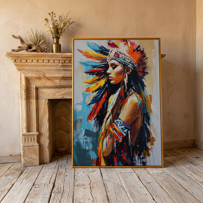 Colorful American Indian Woman Portrait Canvas in antique gold floating frame