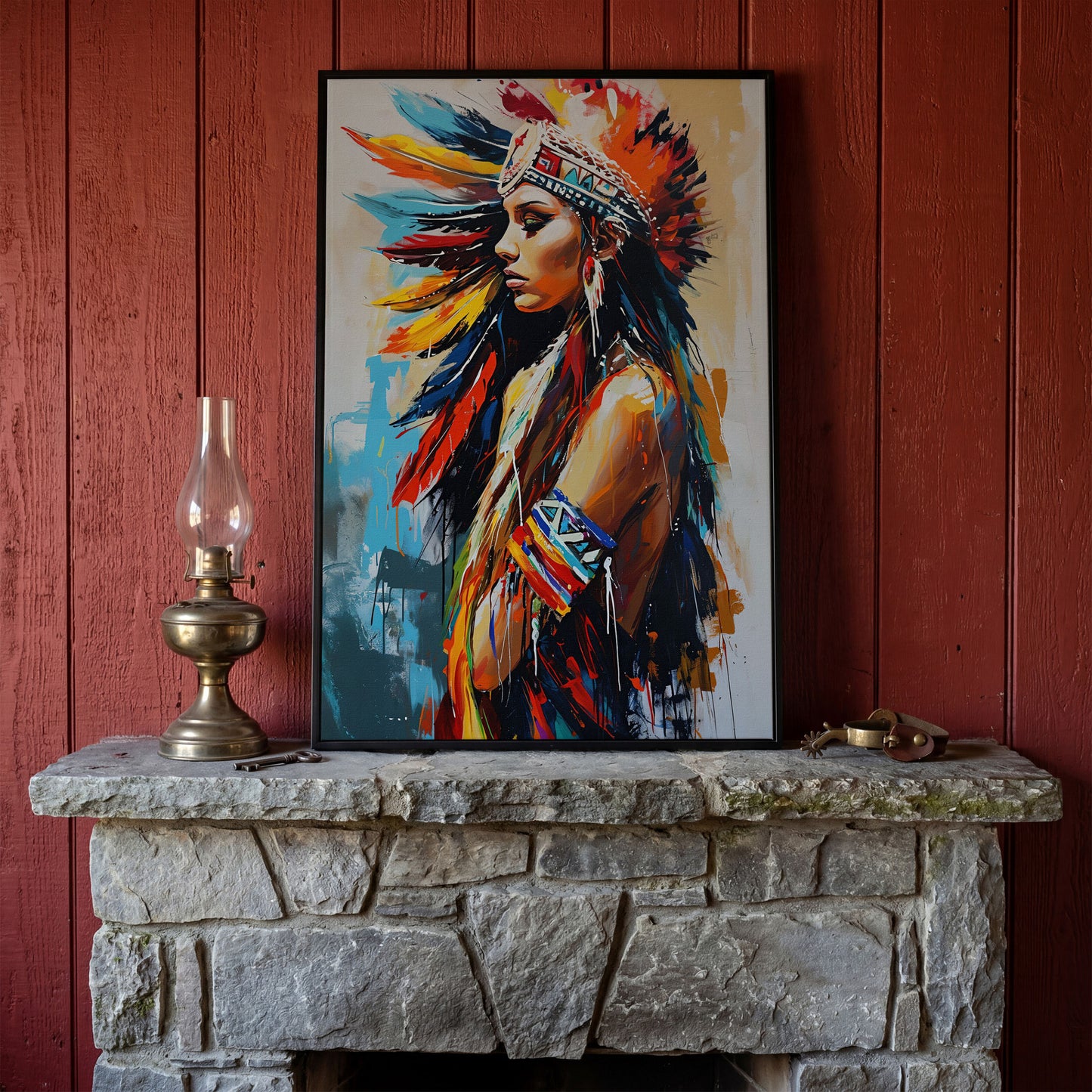 Colorful American Indian Woman Portrait Canvas in black floating frame