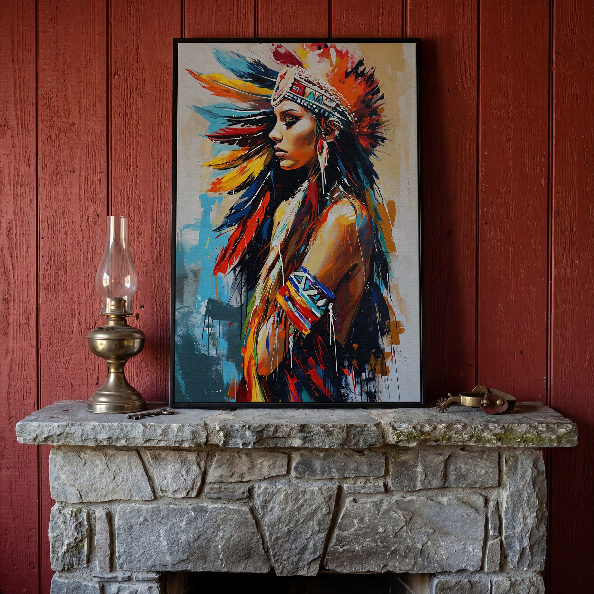 Colorful American Indian Woman Portrait Canvas in black floating frame