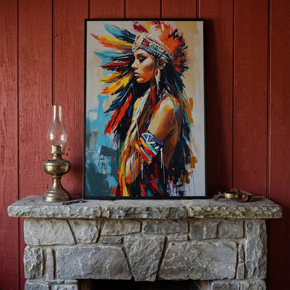 Colorful American Indian Woman Portrait Canvas in black floating frame