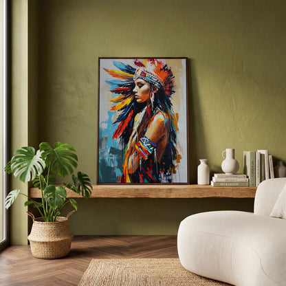 Colorful American Indian Woman Portrait Canvas in dark walnut floating frame
