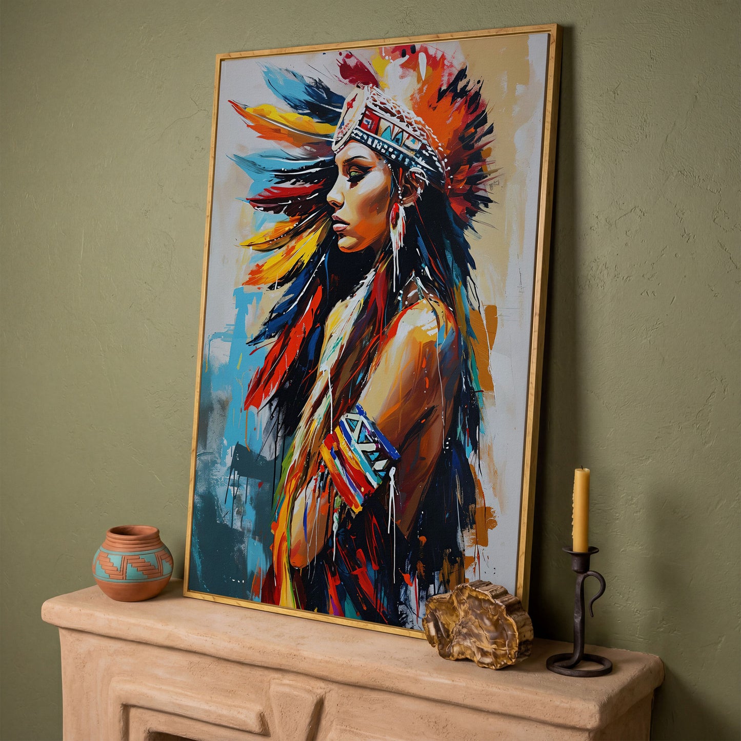 Colorful American Indian Woman Portrait Canvas in white oak floating frame