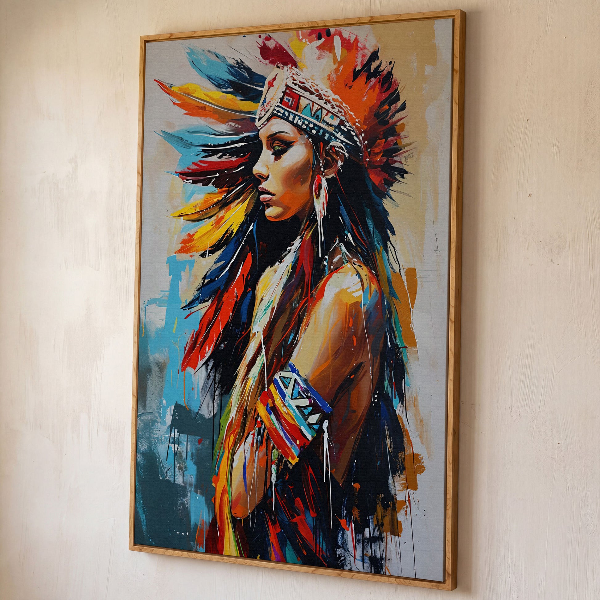 Colorful American Indian Woman Portrait Canvas shown in white oak floating frame