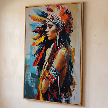 Colorful American Indian Woman Portrait Canvas shown in white oak floating frame