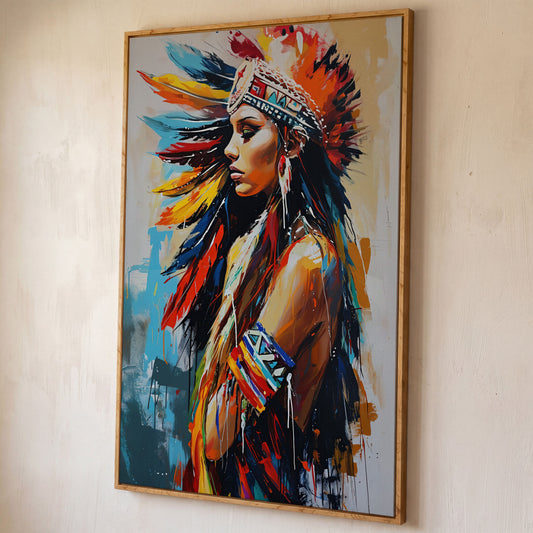 Colorful American Indian Woman Portrait Canvas shown in white oak floating frame