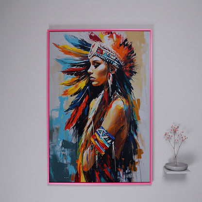 Colorful American Indian Woman Portrait Canvas in pink floating frame