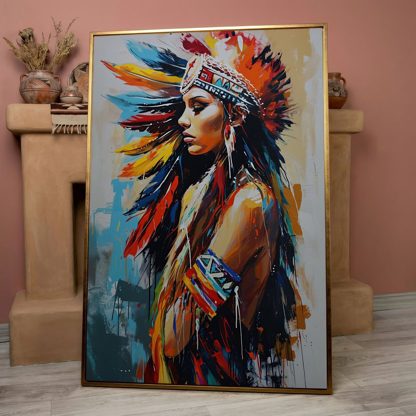 Colorful American Indian Woman Portrait Canvas in rose gold floating frame