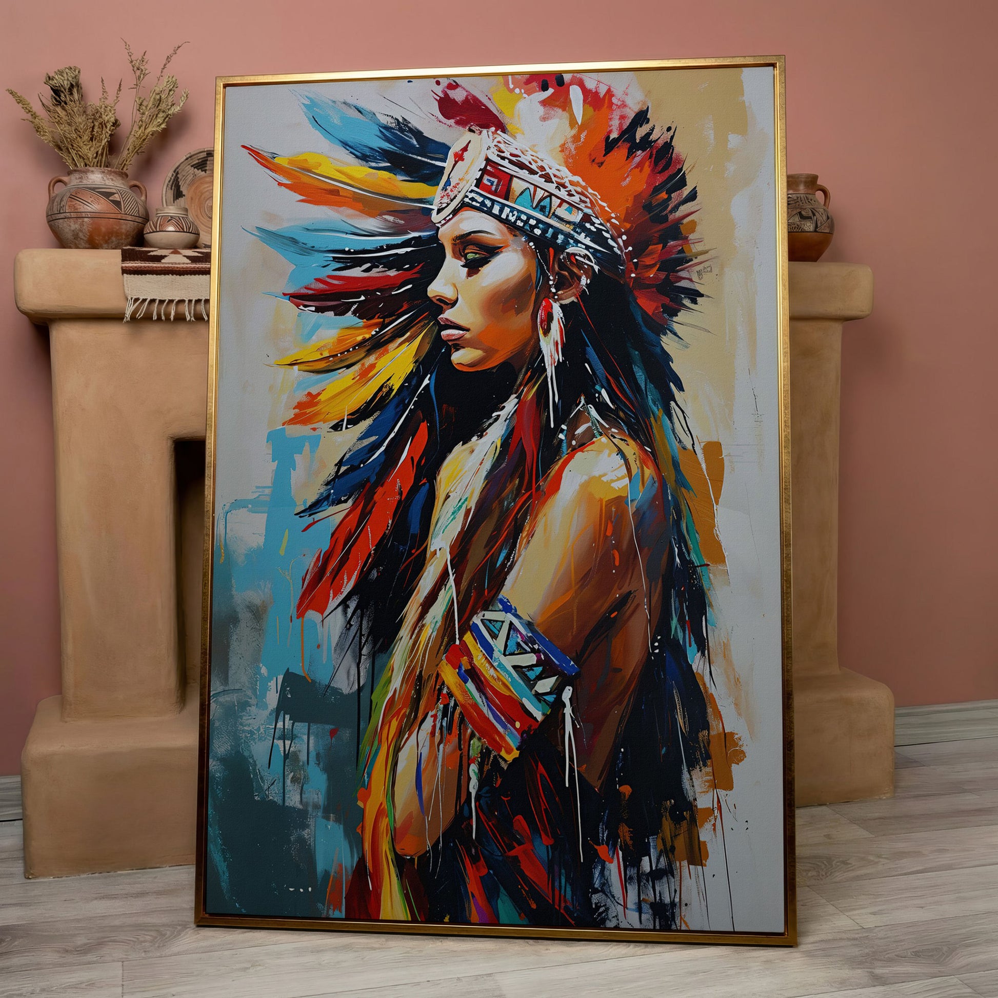 Colorful American Indian Woman Portrait Canvas in rose gold floating frame