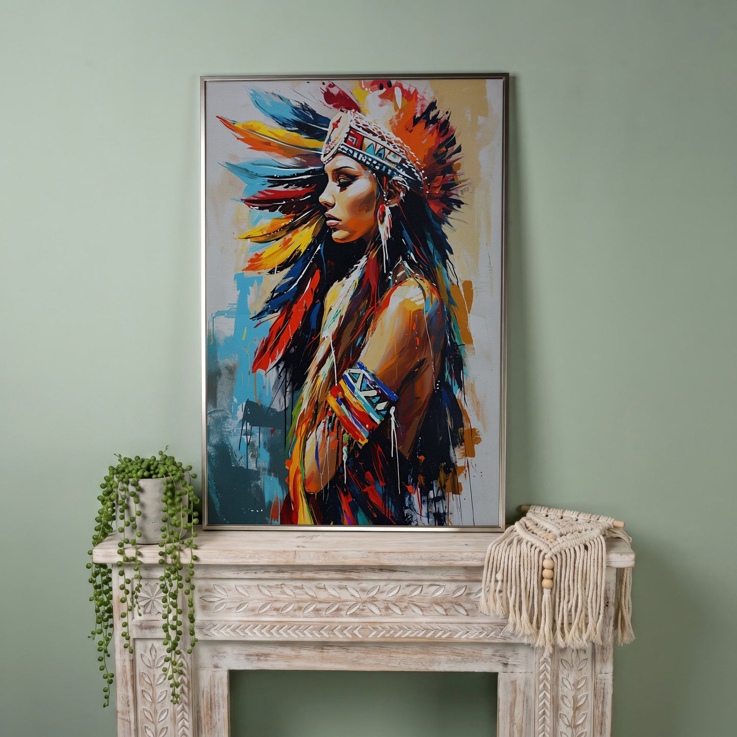 Colorful American Indian Woman Portrait Canvas in silver floating frame