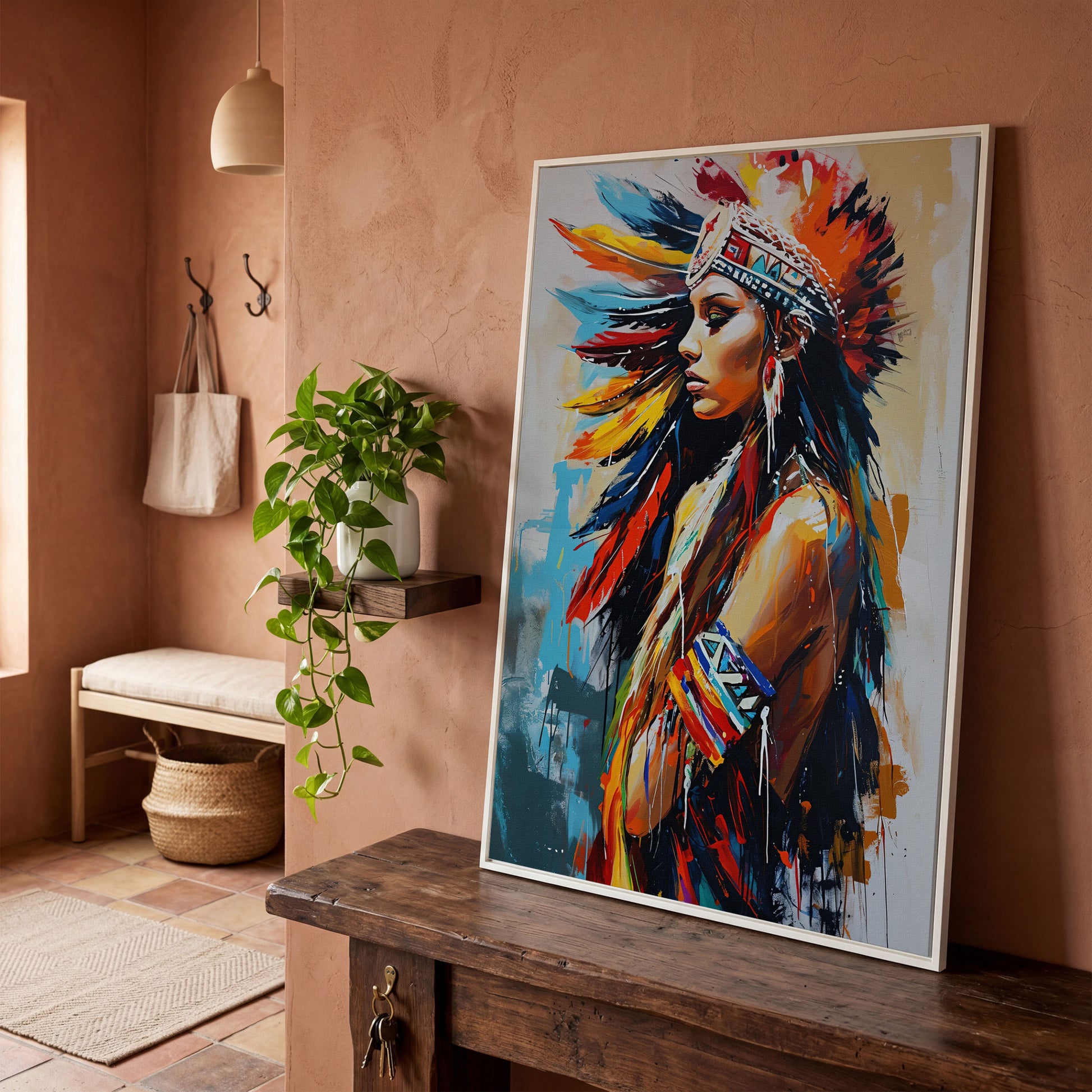 Colorful American Indian Woman Portrait Canvas in white floating frame