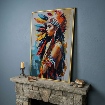 Colorful American Indian Woman Portrait Canvas in yellow gold floating frame