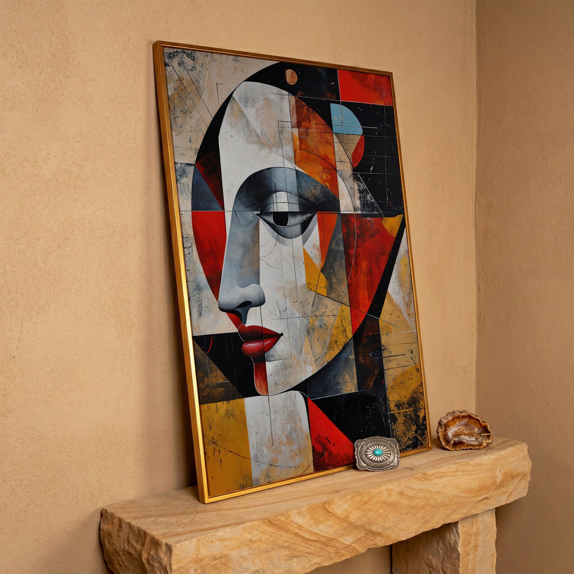 Abstract Woman Portrait Canvas in Sienna and Ochre in antique gold floating frame