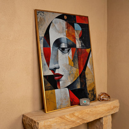 Abstract Woman Portrait Canvas in Sienna and Ochre in antique gold floating frame