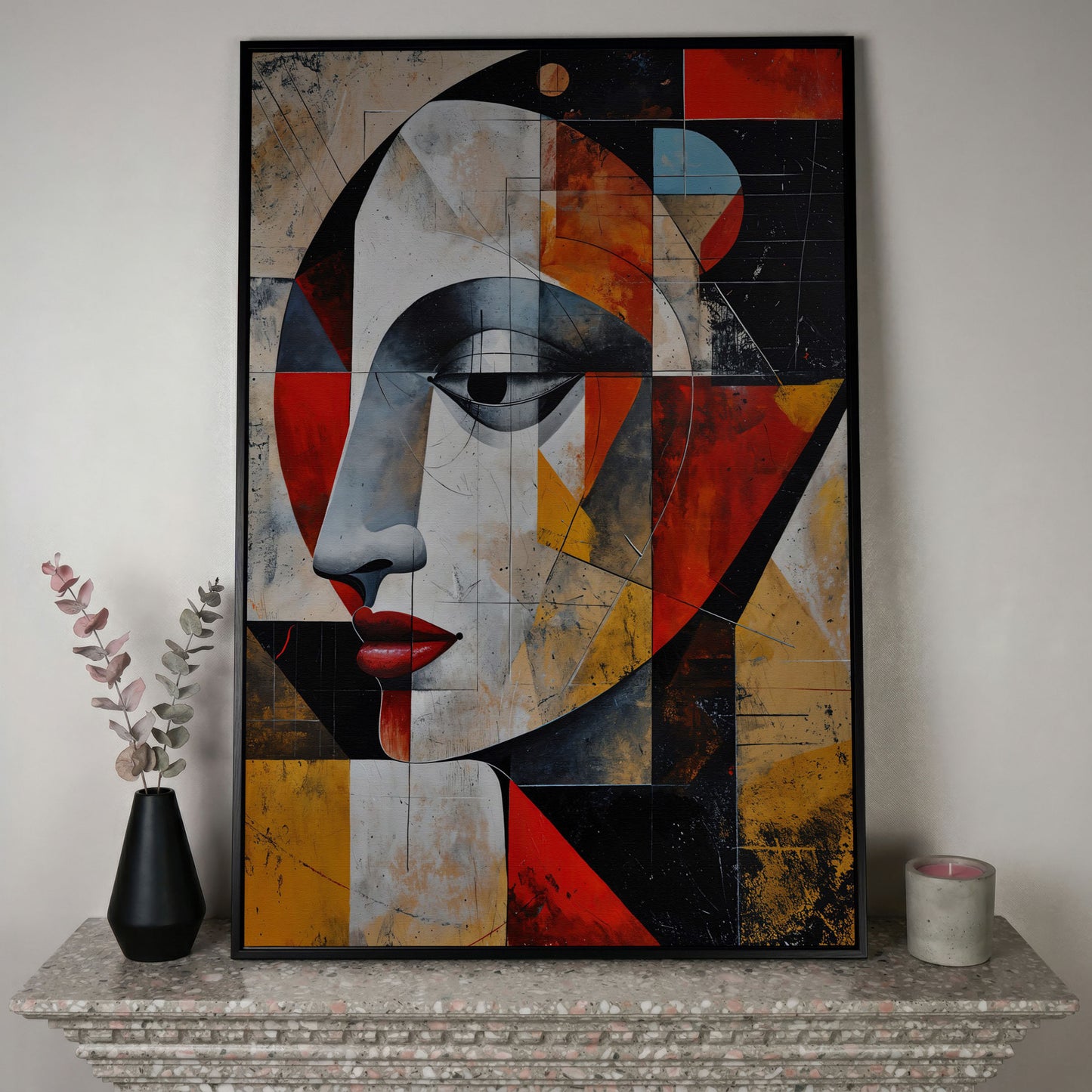 Abstract Woman Portrait Canvas in Sienna and Ochre in black floating frame