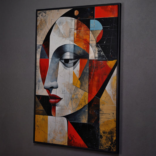 Abstract Woman Portrait Canvas in Sienna and Ochre shown in black floating frame