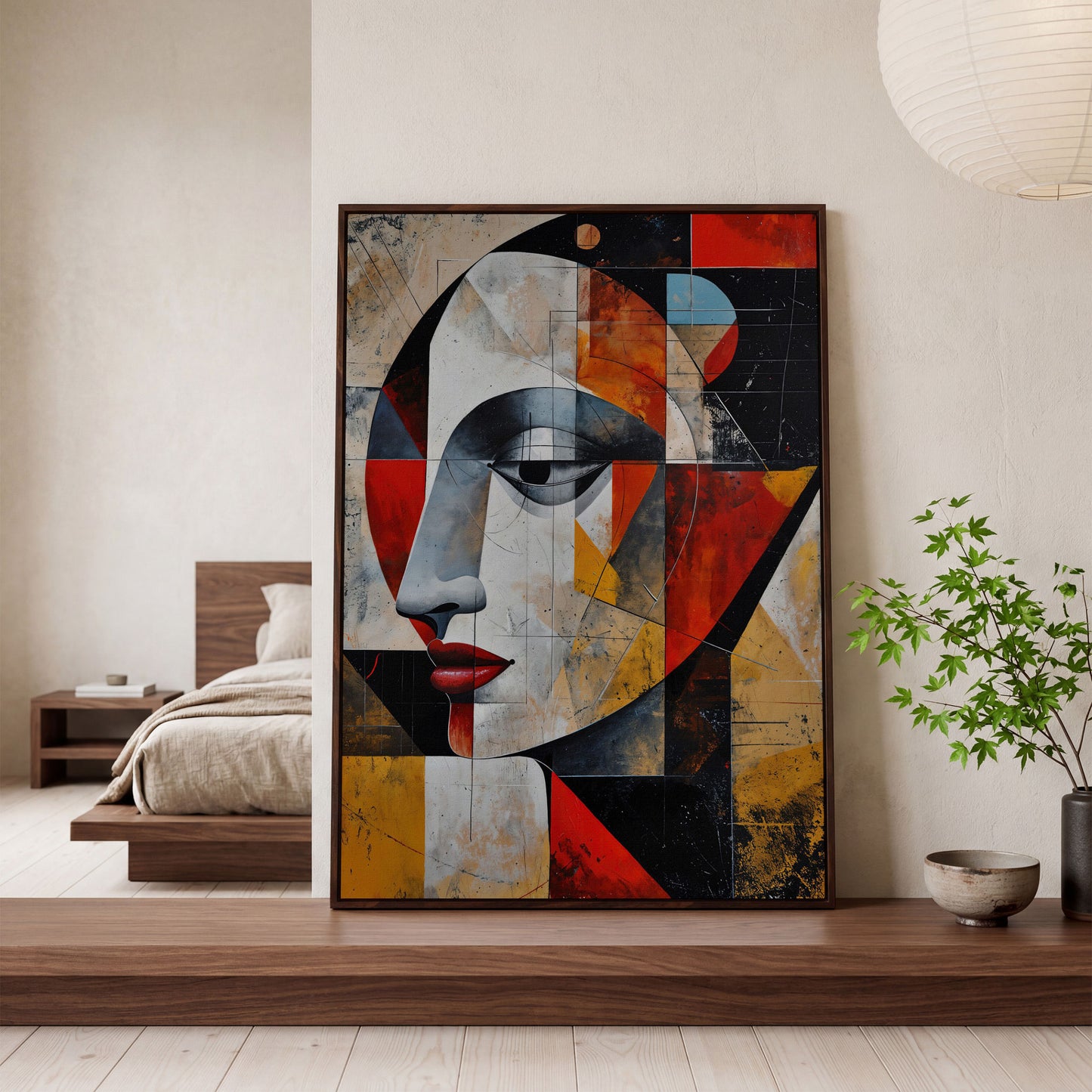 Abstract Woman Portrait Canvas in Sienna and Ochre in dark walnut floating frame