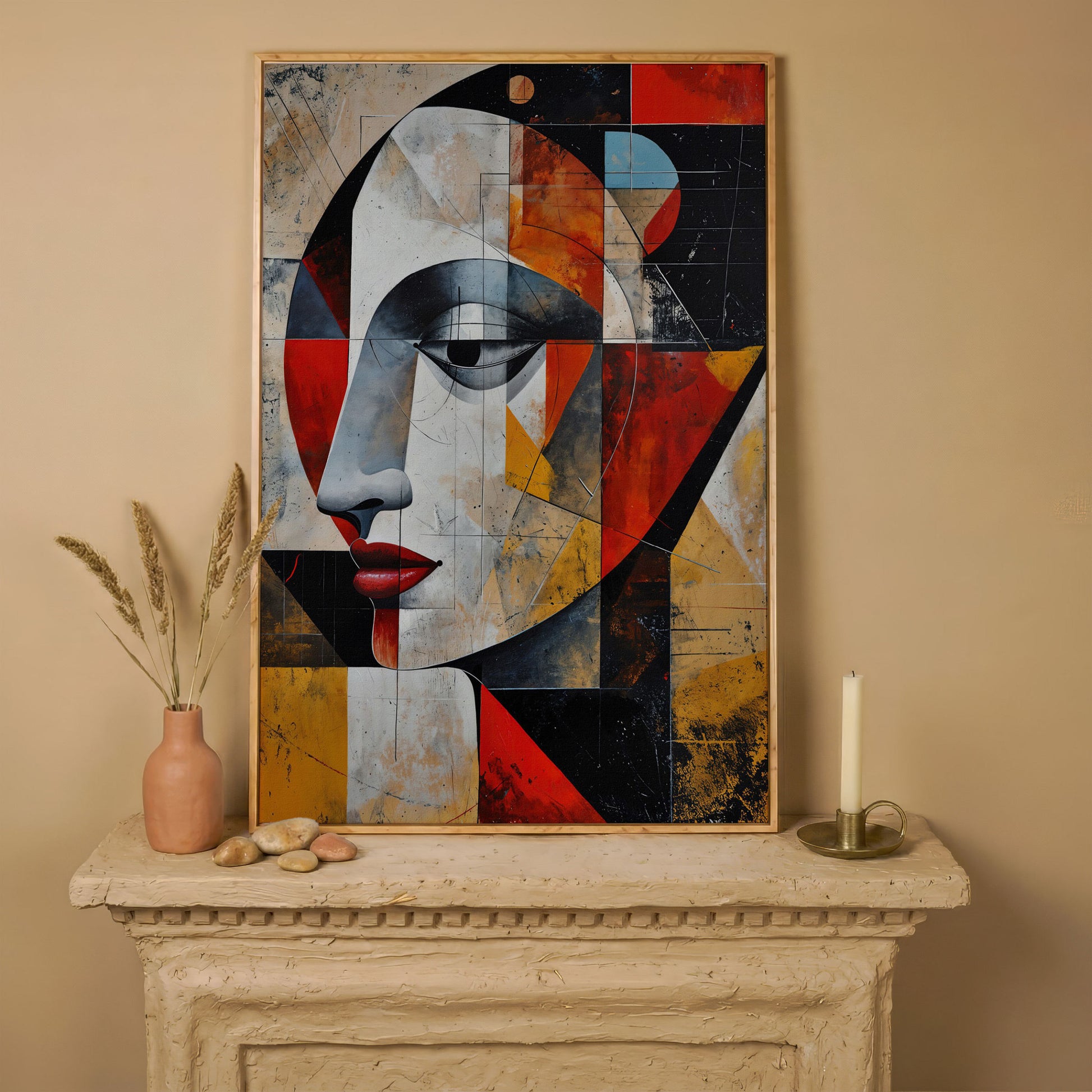 Abstract Woman Portrait Canvas in Sienna and Ochre in white oak floating frame