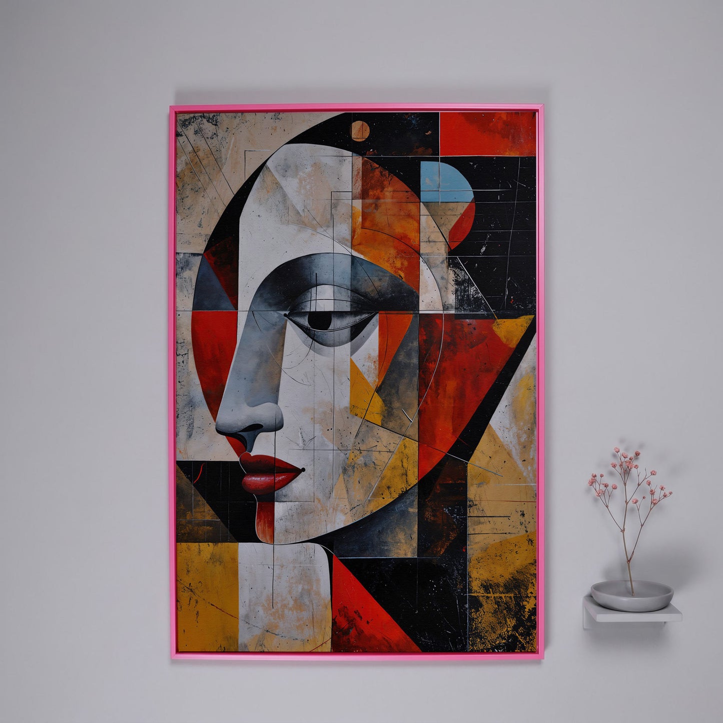 Abstract Woman Portrait Canvas in Sienna and Ochre in pink floating frame