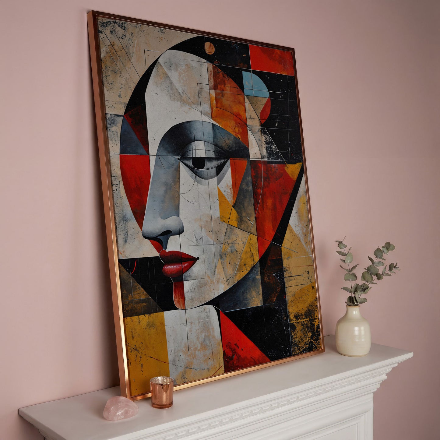 Abstract Woman Portrait Canvas in Sienna and Ochre in rose gold floating frame