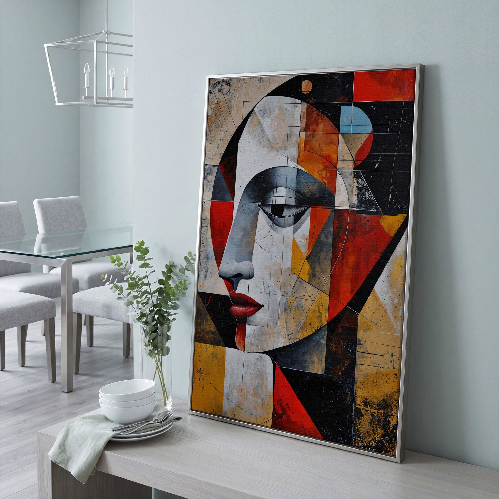 Abstract Woman Portrait Canvas in Sienna and Ochre in silver floating frame
