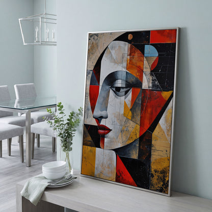 Abstract Woman Portrait Canvas in Sienna and Ochre in silver floating frame