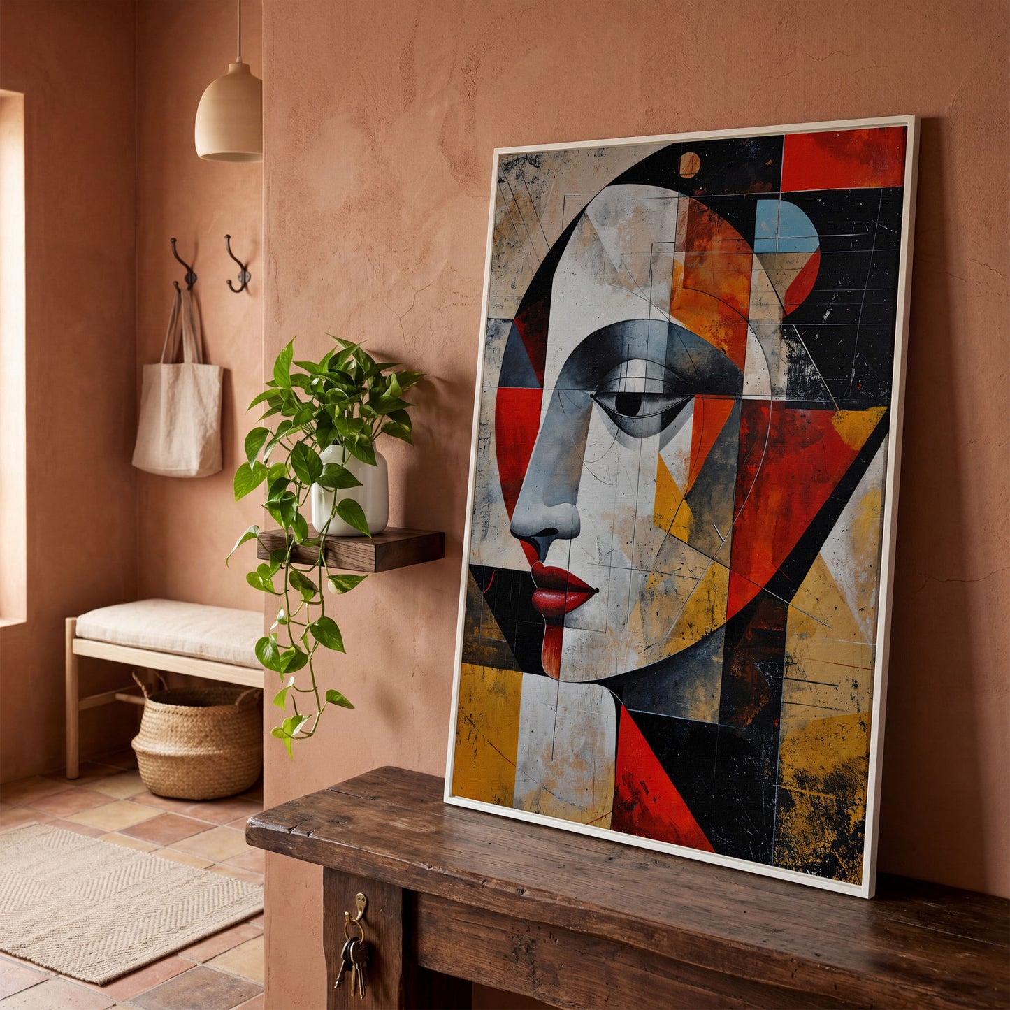 Abstract Woman Portrait Canvas in Sienna and Ochre in white floating frame