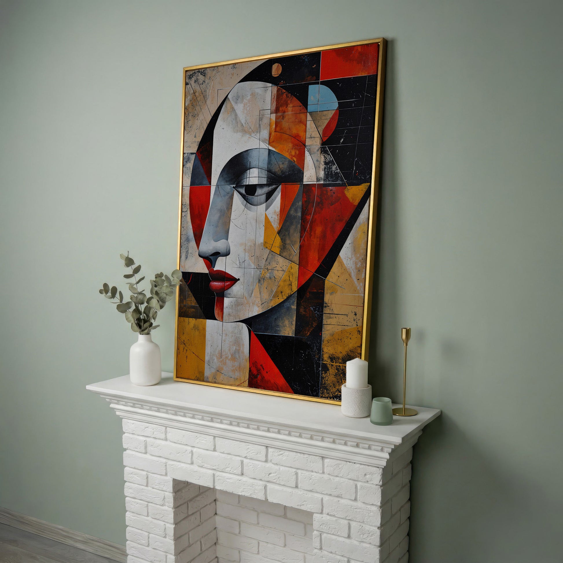 Abstract Woman Portrait Canvas in Sienna and Ochre in yellow gold floating frame