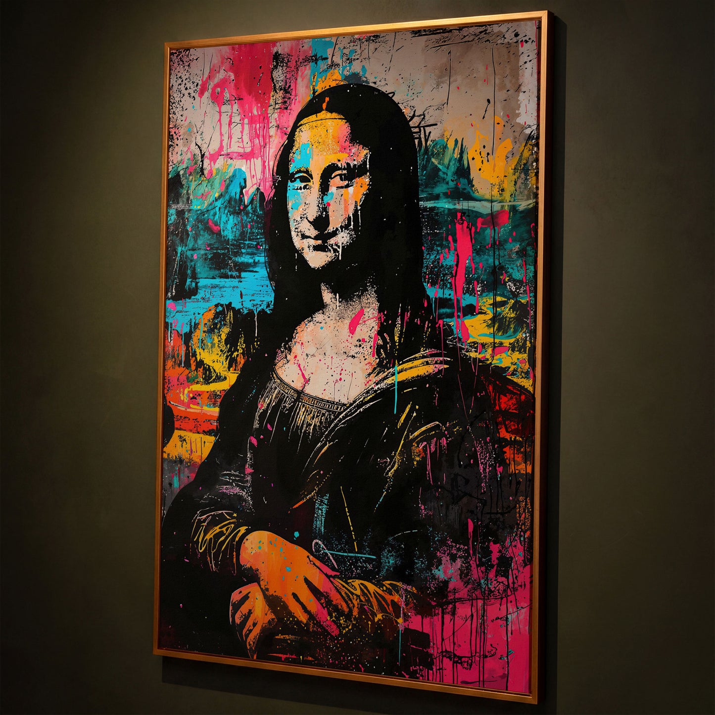 Mona Lisa Pop Art Graffiti Canvas shown in antique gold floating frame