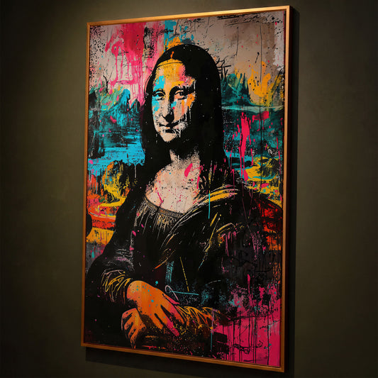 Mona Lisa Pop Art Graffiti Canvas shown in antique gold floating frame