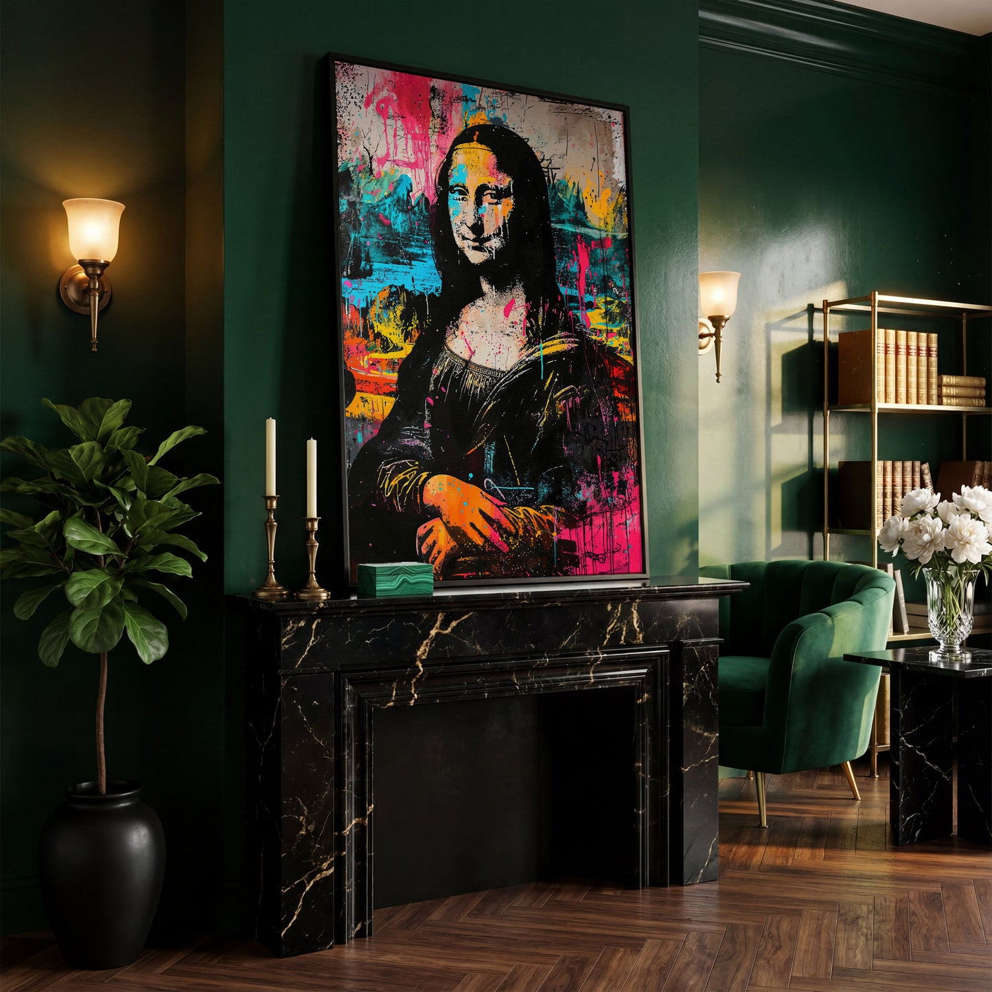 Mona Lisa Pop Art Graffiti Canvas in black floating frame
