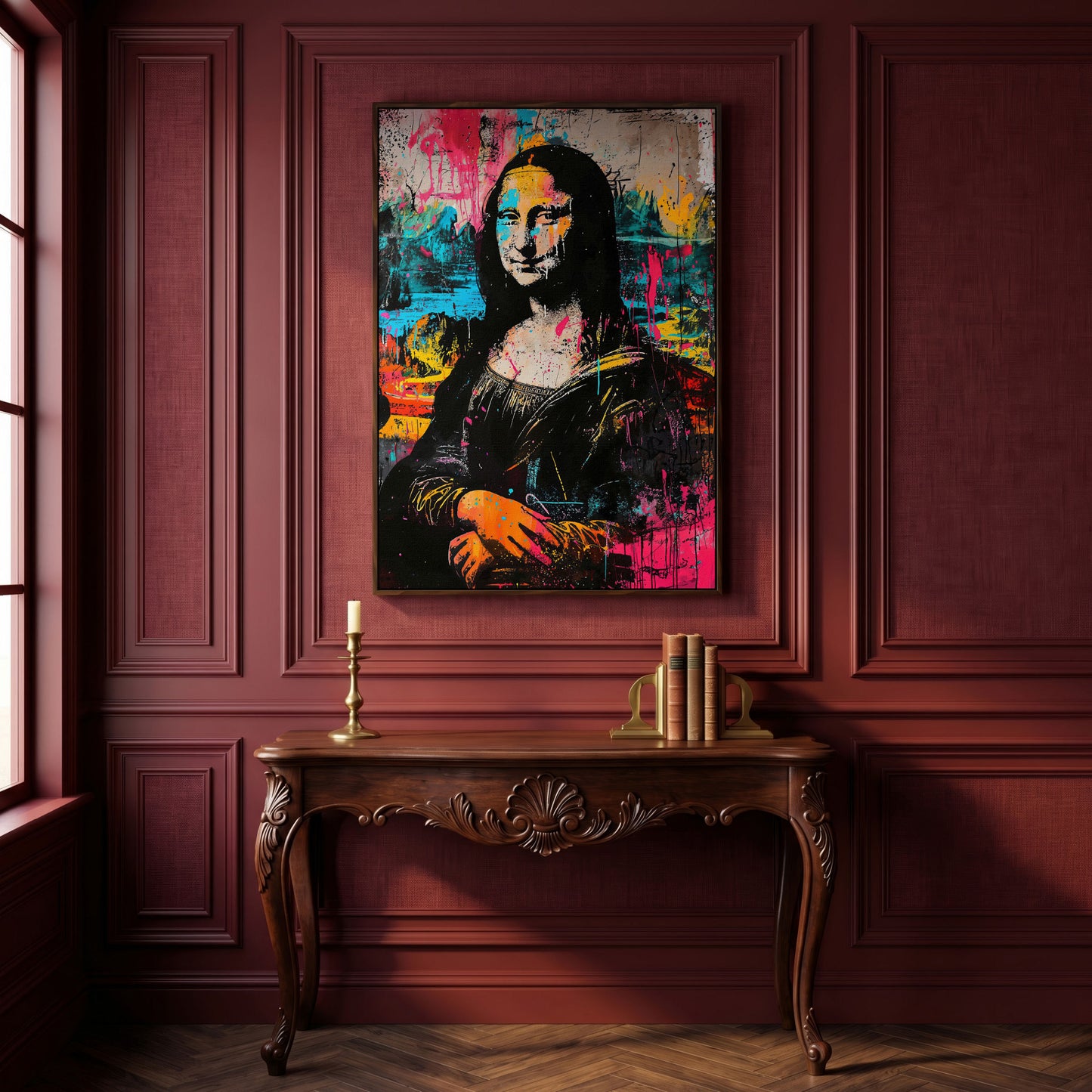 Mona Lisa Pop Art Graffiti Canvas in dark walnut floating frame