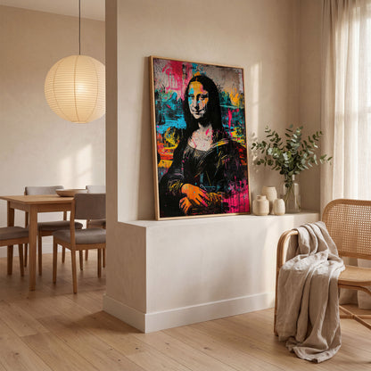 Mona Lisa Pop Art Graffiti Canvas in white oak floating frame