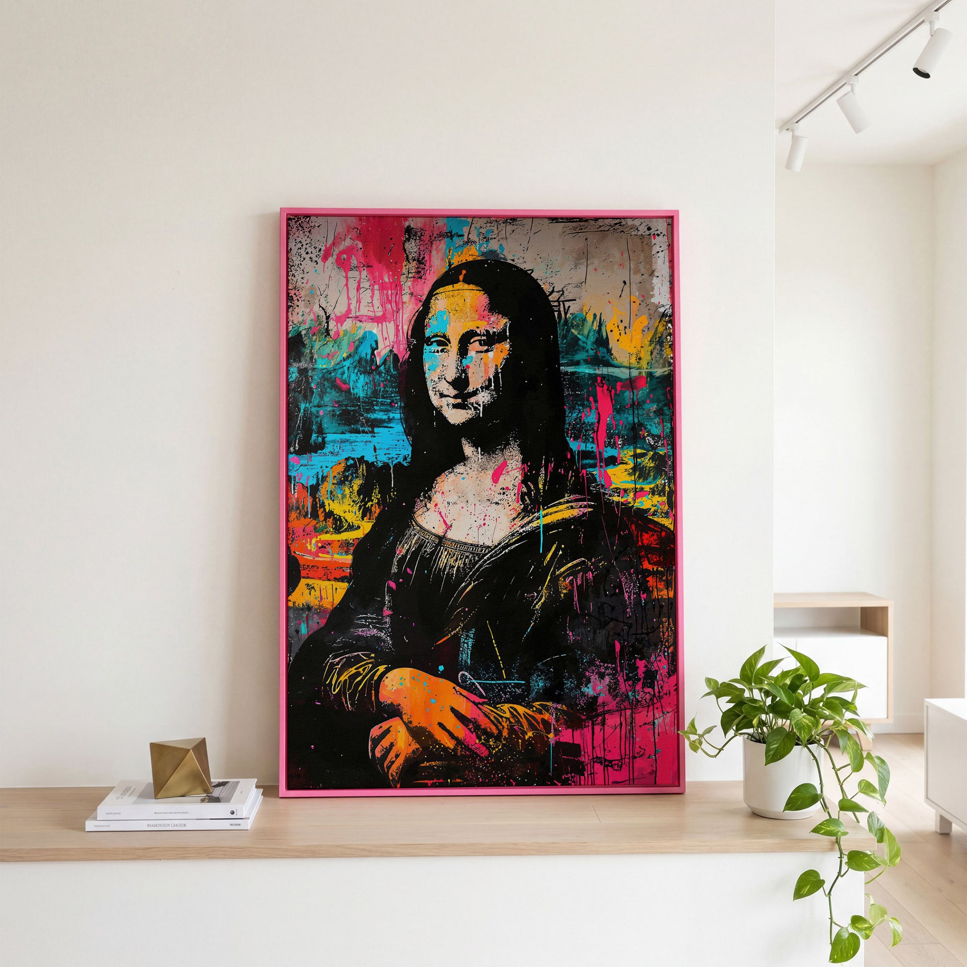 Mona Lisa Pop Art Graffiti Canvas in pink floating frame
