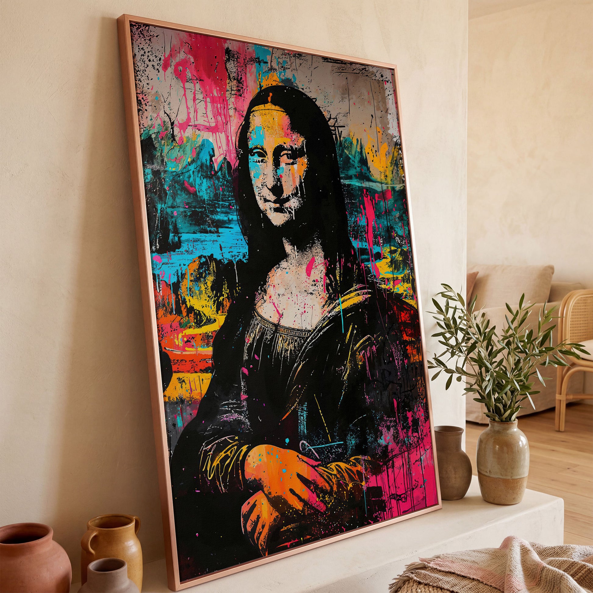 Mona Lisa Pop Art Graffiti Canvas in rose gold floating frame
