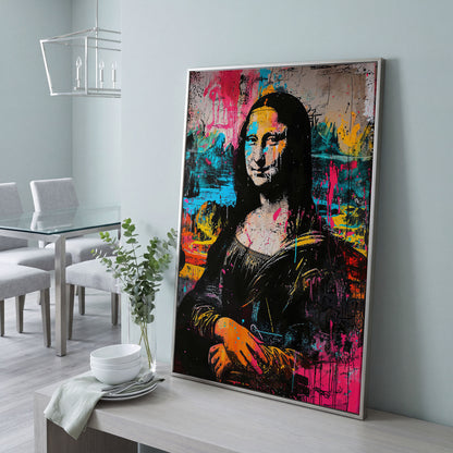 Mona Lisa Pop Art Graffiti Canvas in silver floating frame