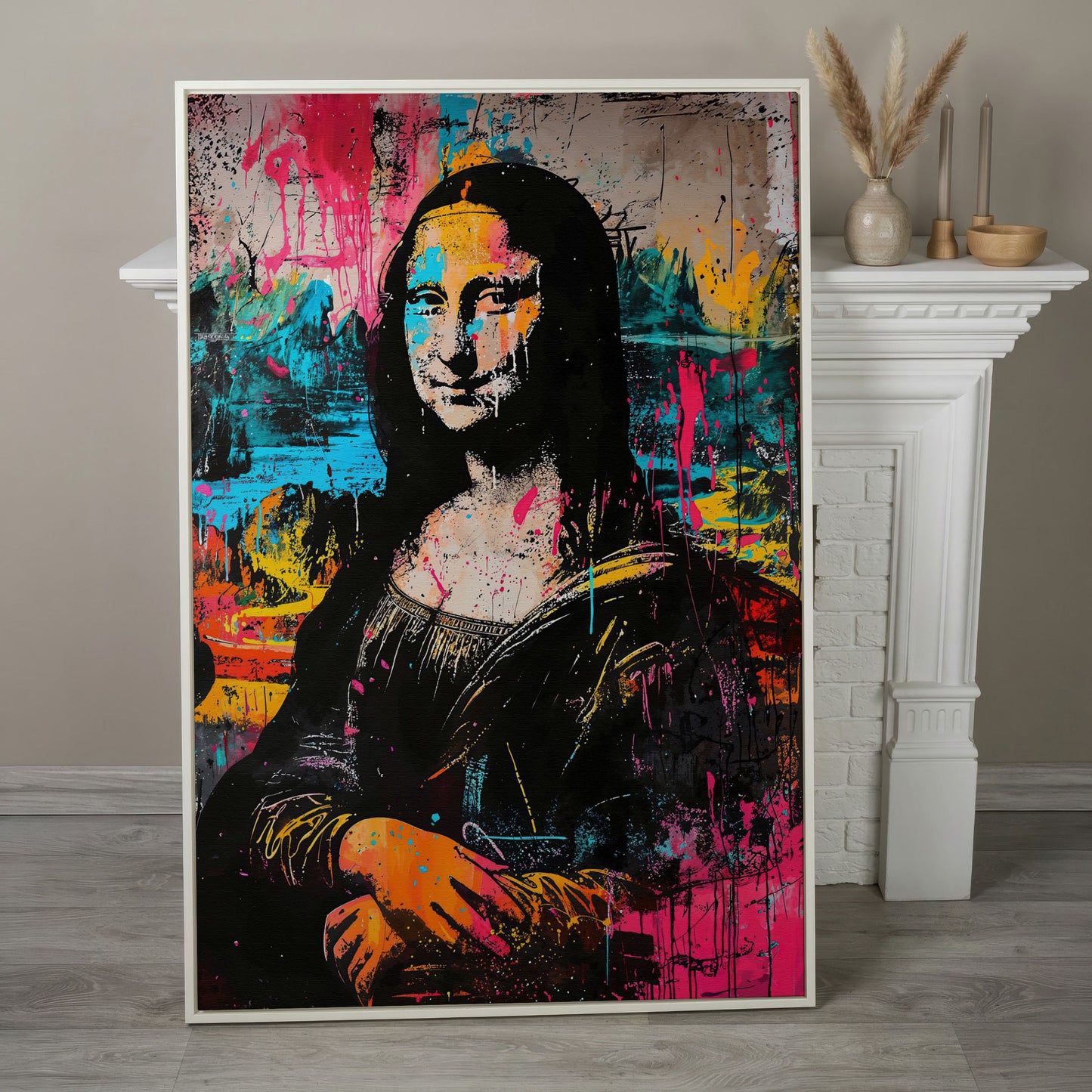 Mona Lisa Pop Art Graffiti Canvas in white floating frame