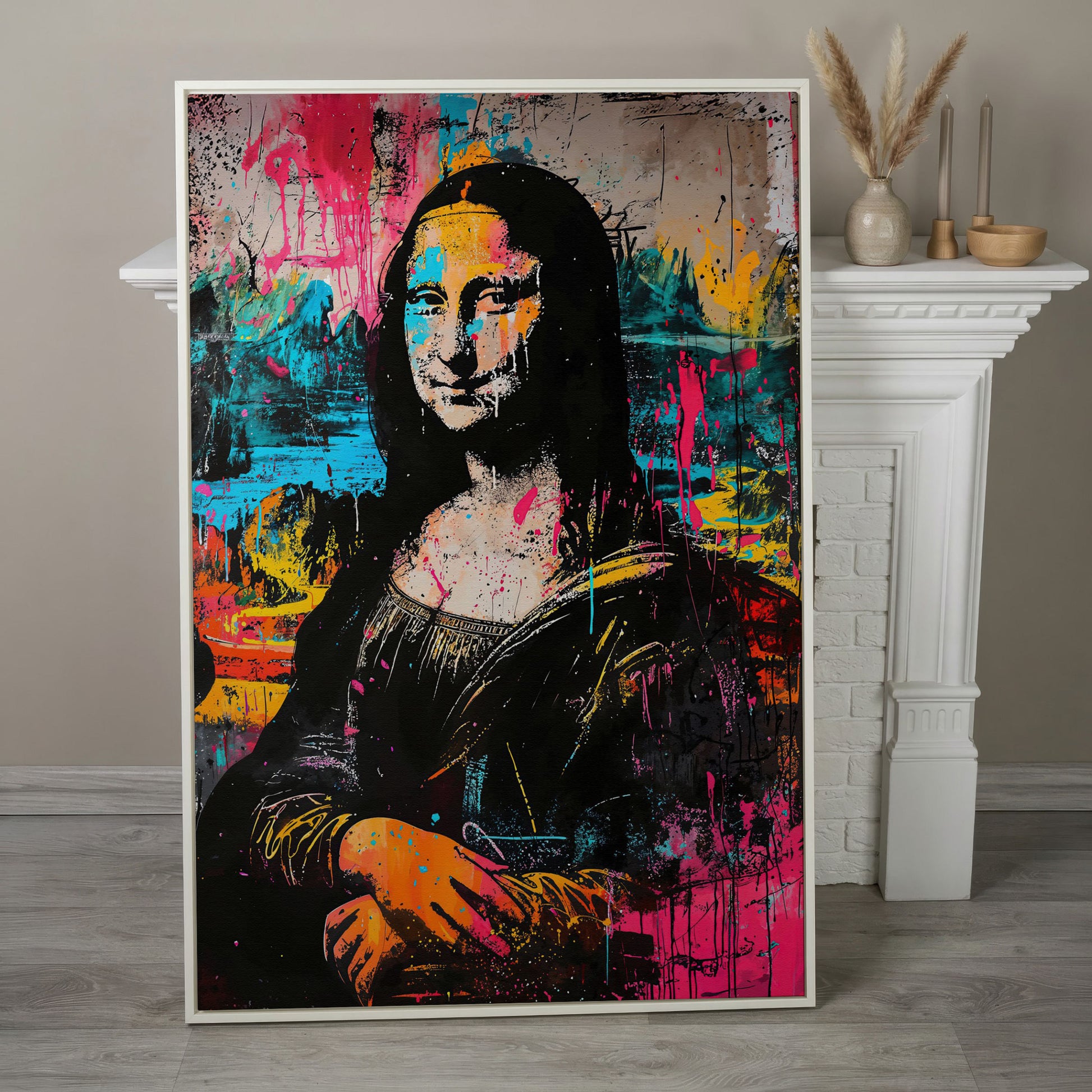 Mona Lisa Pop Art Graffiti Canvas in white floating frame