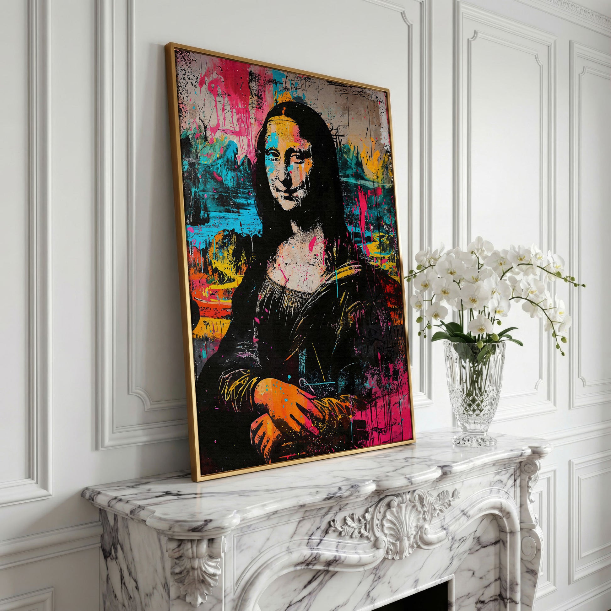 Mona Lisa Pop Art Graffiti Canvas in yellow gold floating frame