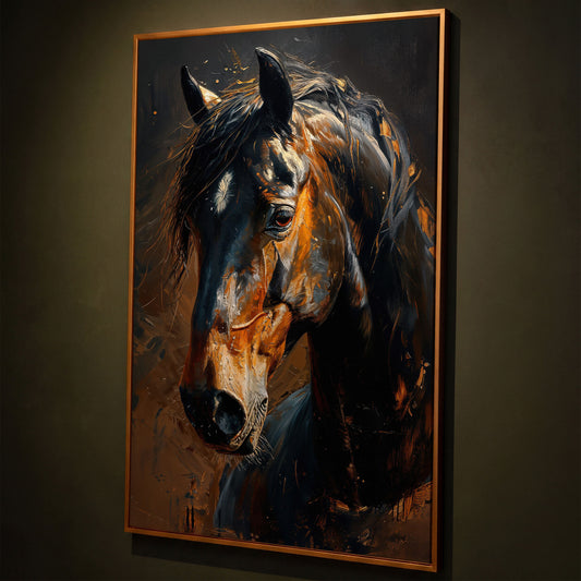 Golden Coat Horse Canvas Print shown in antique gold floating frame